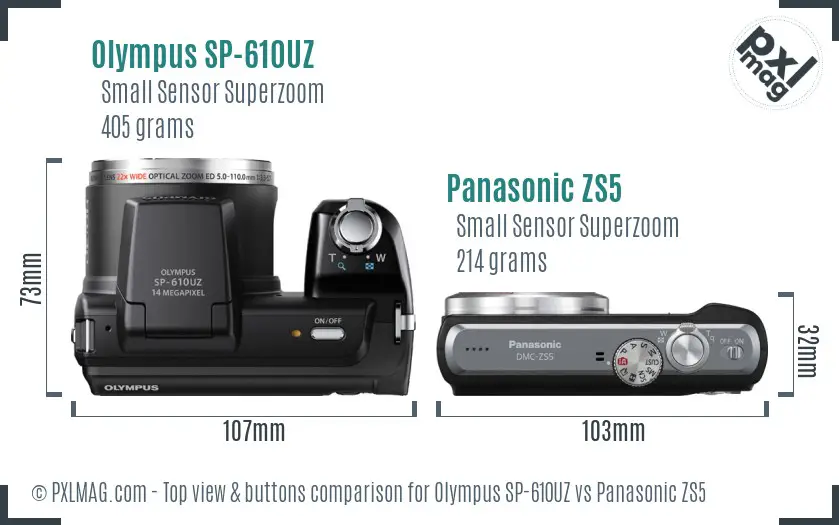 Olympus SP-610UZ vs Panasonic ZS5 top view buttons comparison