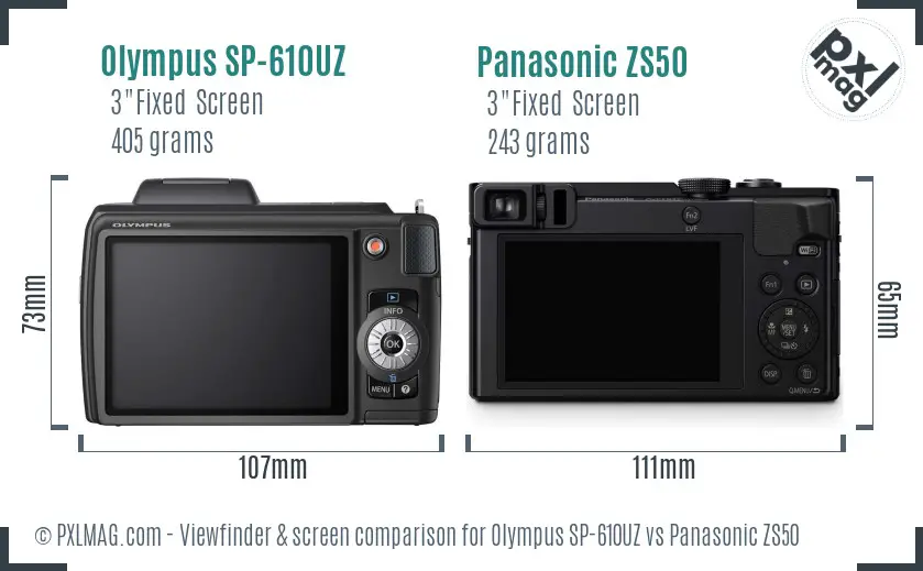 Olympus SP-610UZ vs Panasonic ZS50 Screen and Viewfinder comparison