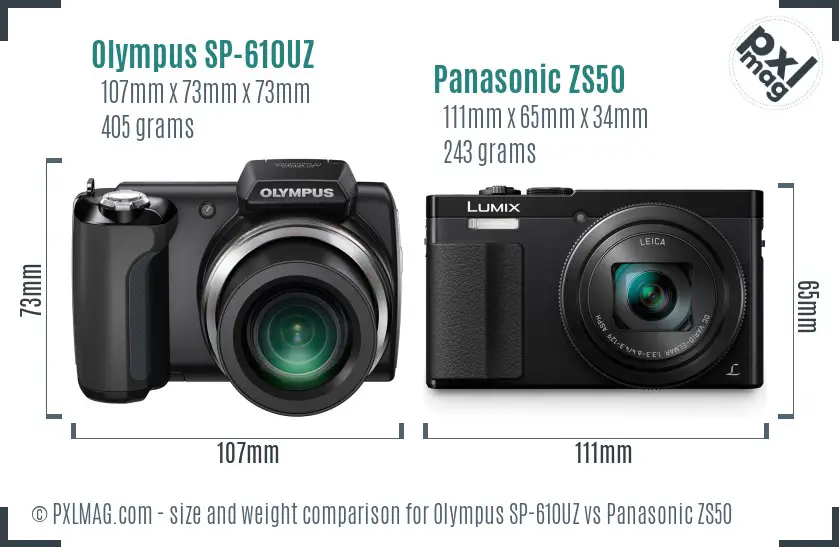 Olympus SP-610UZ vs Panasonic ZS50 size comparison