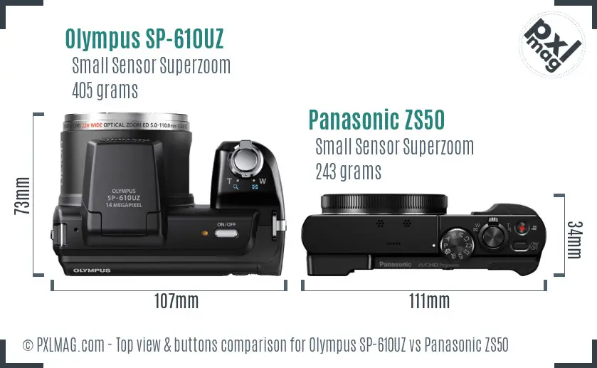 Olympus SP-610UZ vs Panasonic ZS50 top view buttons comparison