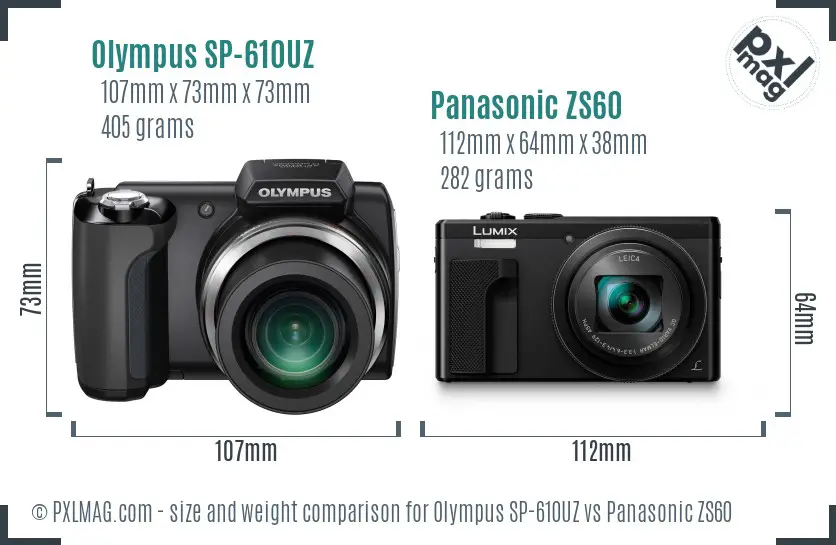 Olympus SP-610UZ vs Panasonic ZS60 size comparison