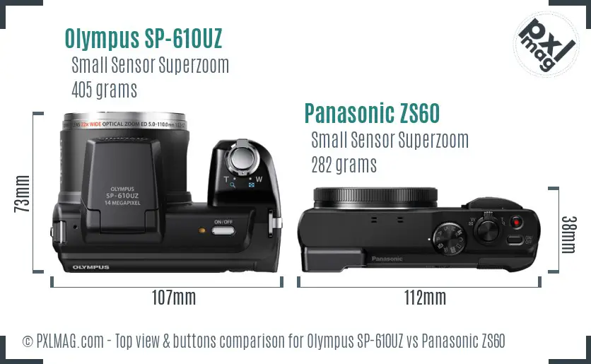 Olympus SP-610UZ vs Panasonic ZS60 top view buttons comparison