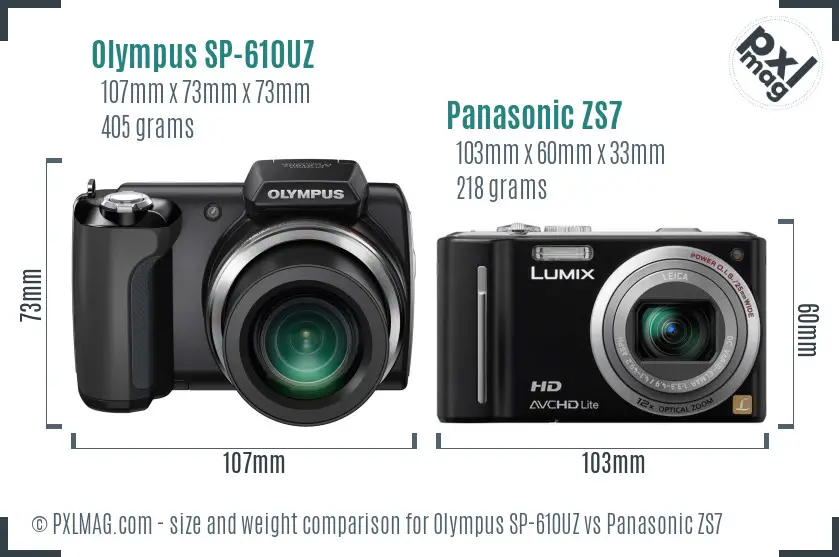 Olympus SP-610UZ vs Panasonic ZS7 size comparison