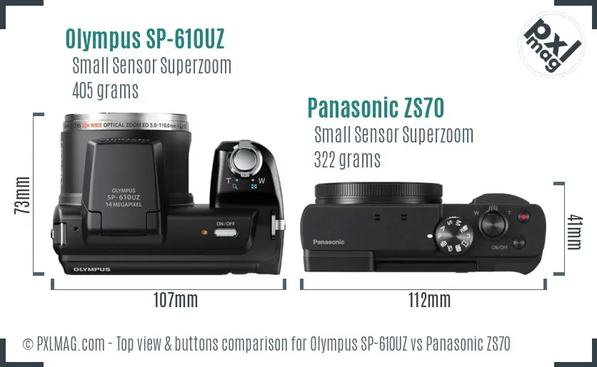 Olympus SP-610UZ vs Panasonic ZS70 top view buttons comparison