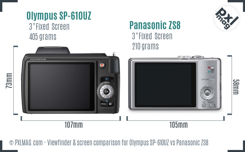 Olympus SP-610UZ vs Panasonic ZS8 Screen and Viewfinder comparison
