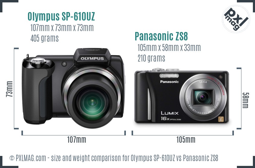 Olympus SP-610UZ vs Panasonic ZS8 size comparison