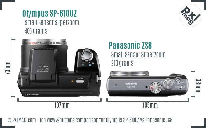 Olympus SP-610UZ vs Panasonic ZS8 top view buttons comparison