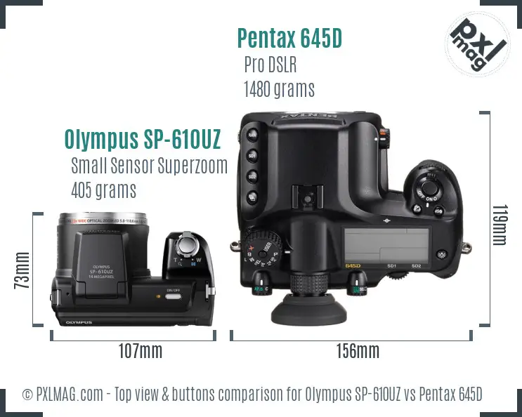 Olympus SP-610UZ vs Pentax 645D top view buttons comparison
