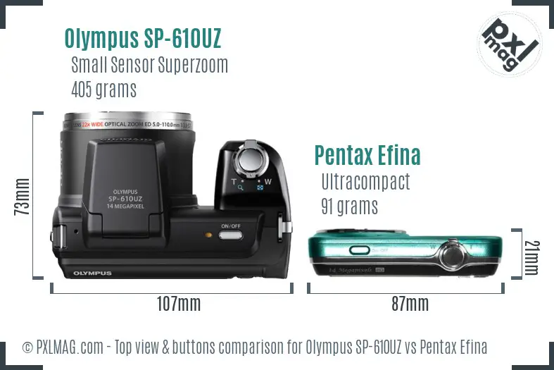 Olympus SP-610UZ vs Pentax Efina top view buttons comparison