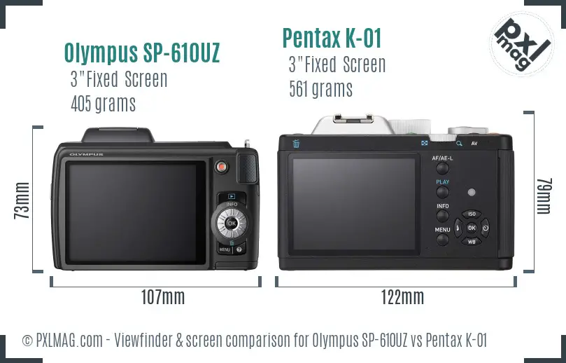 Olympus SP-610UZ vs Pentax K-01 Screen and Viewfinder comparison