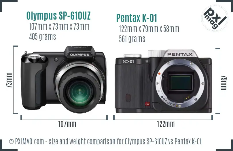 Olympus SP-610UZ vs Pentax K-01 size comparison