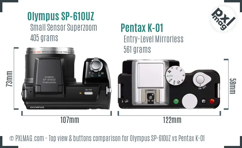 Olympus SP-610UZ vs Pentax K-01 top view buttons comparison