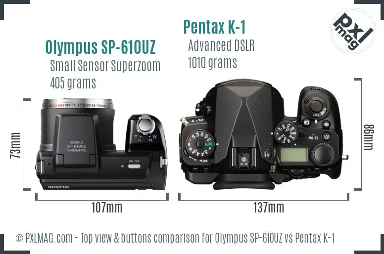 Olympus SP-610UZ vs Pentax K-1 top view buttons comparison