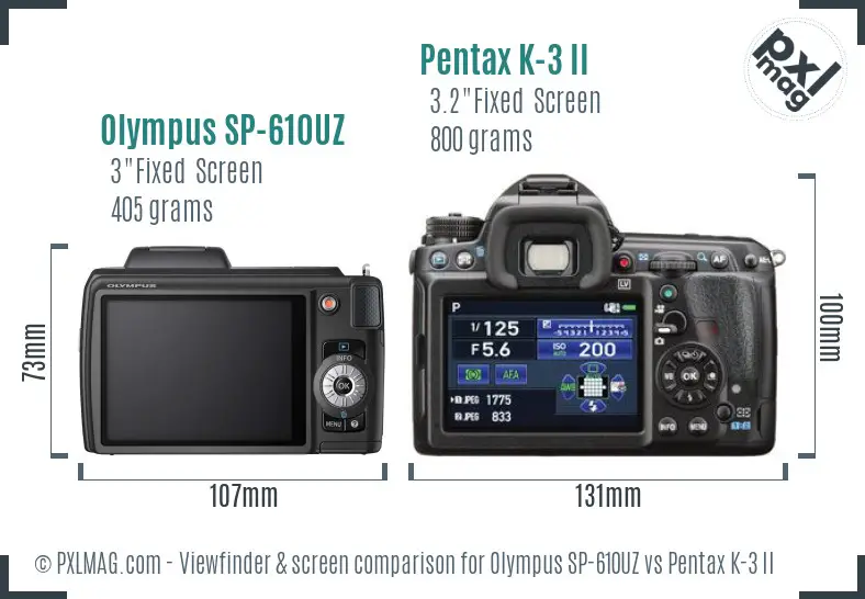 Olympus SP-610UZ vs Pentax K-3 II Screen and Viewfinder comparison