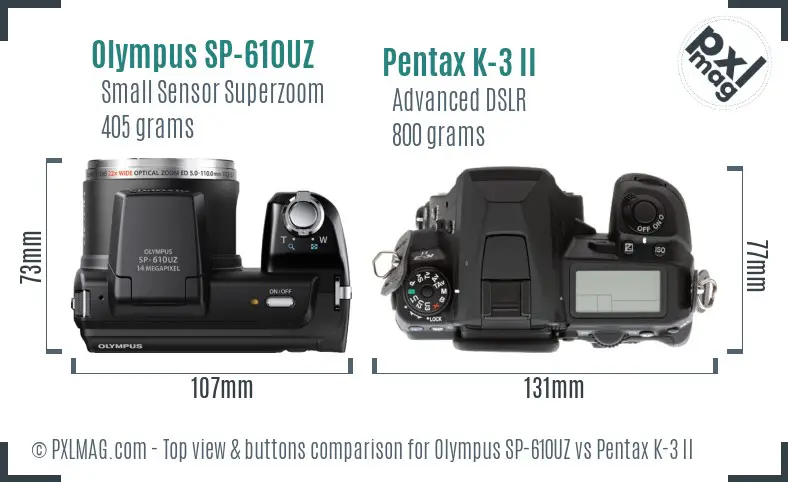 Olympus SP-610UZ vs Pentax K-3 II top view buttons comparison