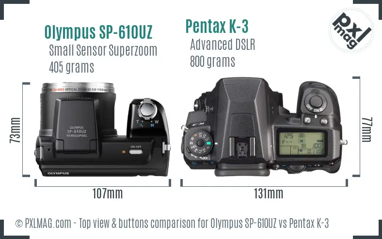 Olympus SP-610UZ vs Pentax K-3 top view buttons comparison