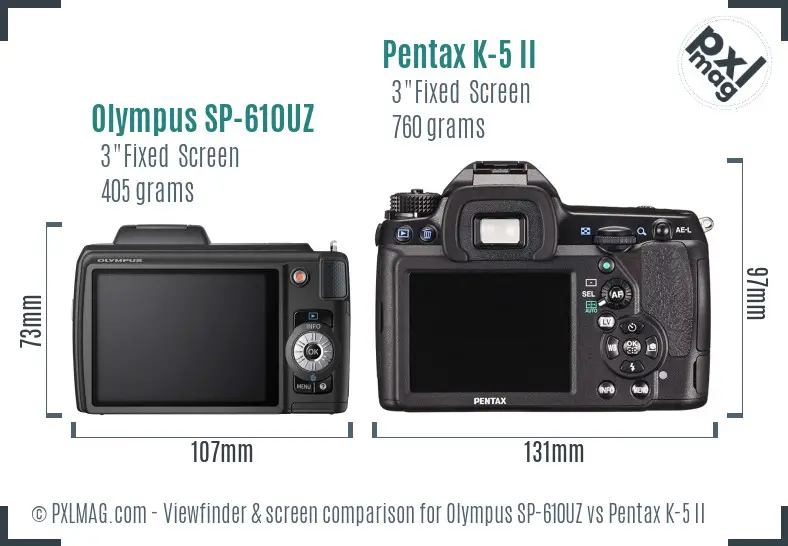 Olympus SP-610UZ vs Pentax K-5 II Screen and Viewfinder comparison