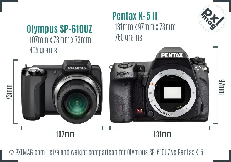 Olympus SP-610UZ vs Pentax K-5 II size comparison