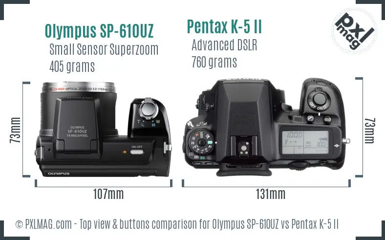 Olympus SP-610UZ vs Pentax K-5 II top view buttons comparison