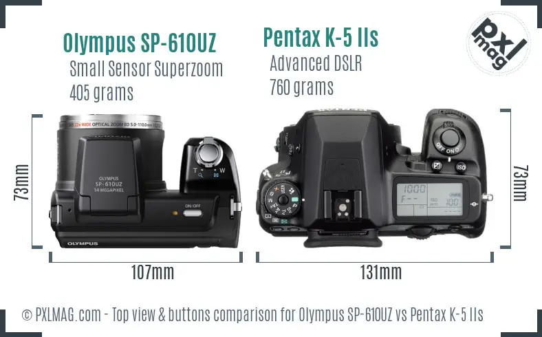 Olympus SP-610UZ vs Pentax K-5 IIs top view buttons comparison