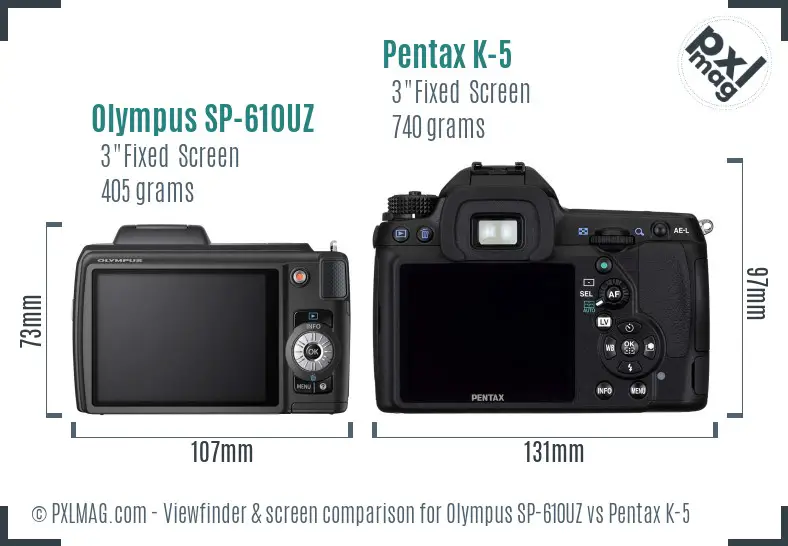 Olympus SP-610UZ vs Pentax K-5 Screen and Viewfinder comparison