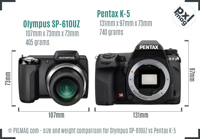 Olympus SP-610UZ vs Pentax K-5 size comparison