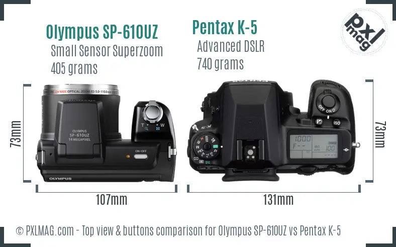 Olympus SP-610UZ vs Pentax K-5 top view buttons comparison