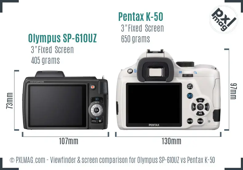 Olympus SP-610UZ vs Pentax K-50 Screen and Viewfinder comparison