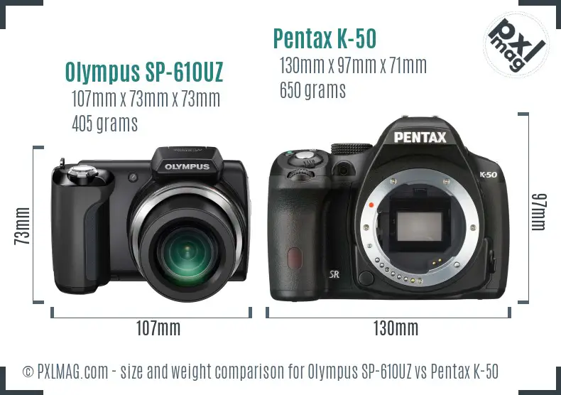Olympus SP-610UZ vs Pentax K-50 size comparison