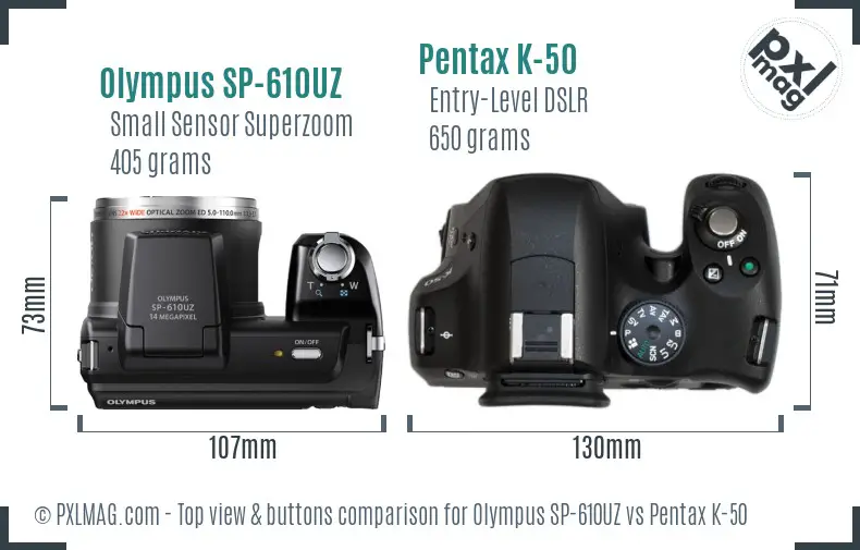Olympus SP-610UZ vs Pentax K-50 top view buttons comparison