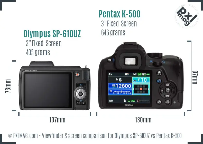 Olympus SP-610UZ vs Pentax K-500 Screen and Viewfinder comparison