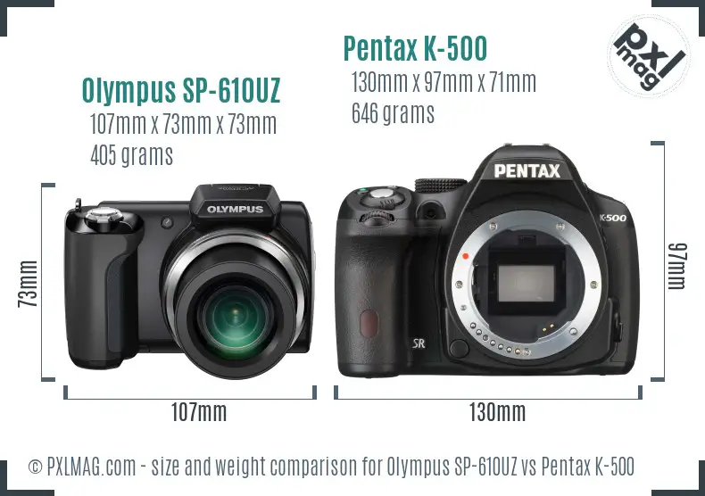 Olympus SP-610UZ vs Pentax K-500 size comparison