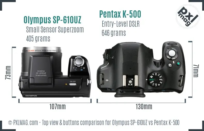 Olympus SP-610UZ vs Pentax K-500 top view buttons comparison