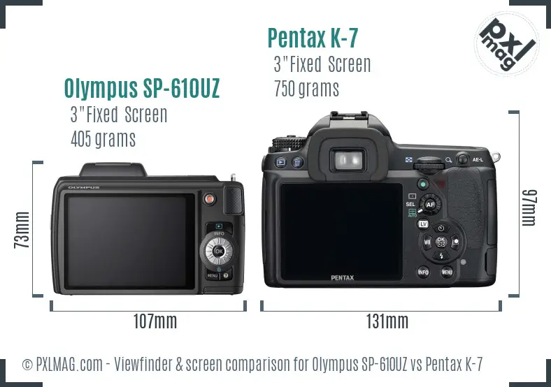 Olympus SP-610UZ vs Pentax K-7 Screen and Viewfinder comparison