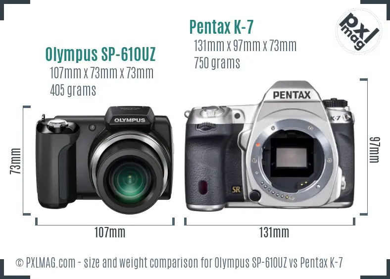 Olympus SP-610UZ vs Pentax K-7 size comparison