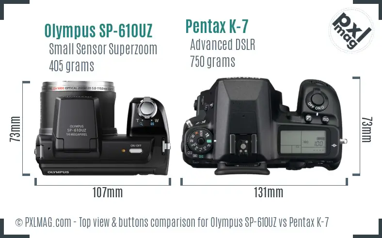 Olympus SP-610UZ vs Pentax K-7 top view buttons comparison