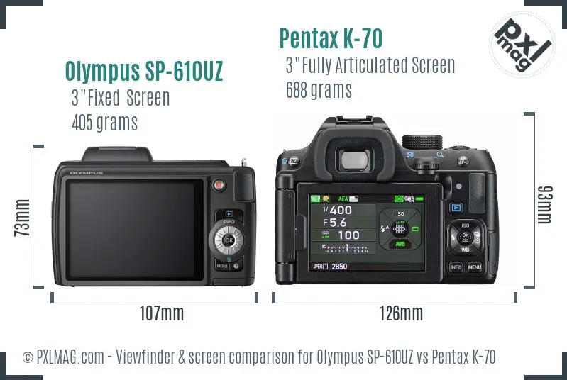 Olympus SP-610UZ vs Pentax K-70 Screen and Viewfinder comparison