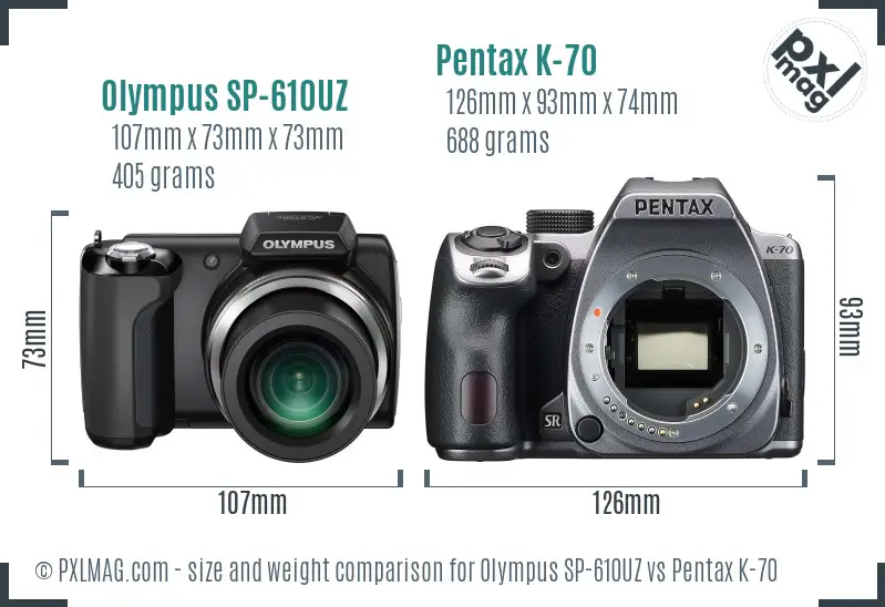 Olympus SP-610UZ vs Pentax K-70 size comparison