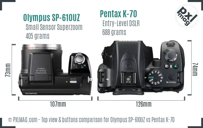 Olympus SP-610UZ vs Pentax K-70 top view buttons comparison