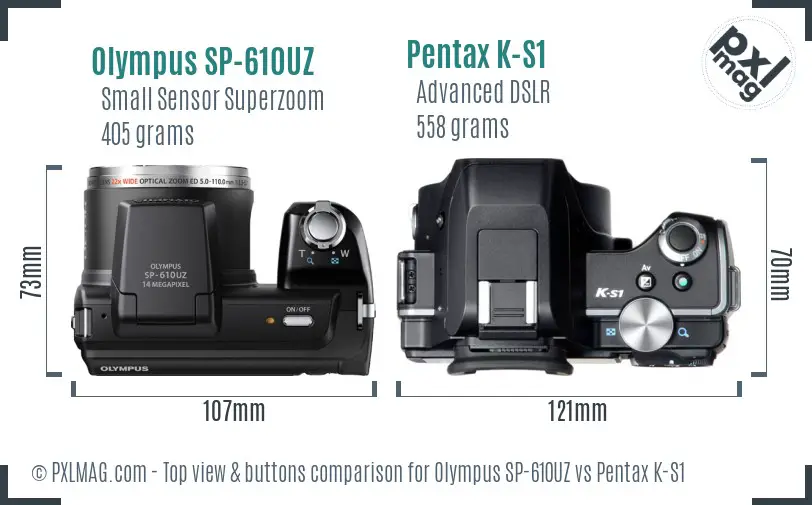 Olympus SP-610UZ vs Pentax K-S1 top view buttons comparison