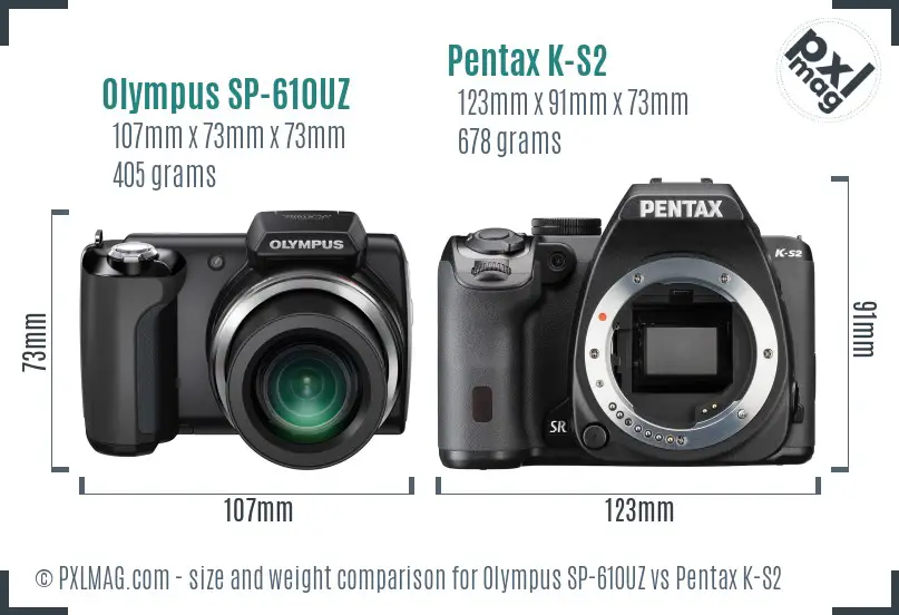 Olympus SP-610UZ vs Pentax K-S2 size comparison