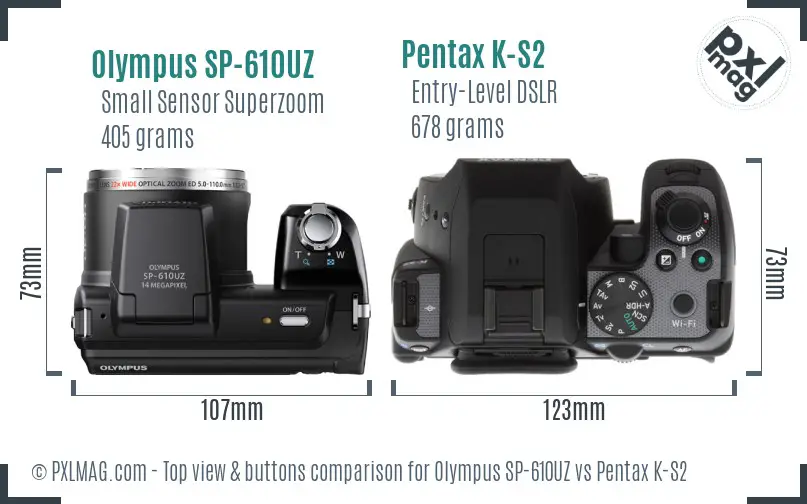 Olympus SP-610UZ vs Pentax K-S2 top view buttons comparison