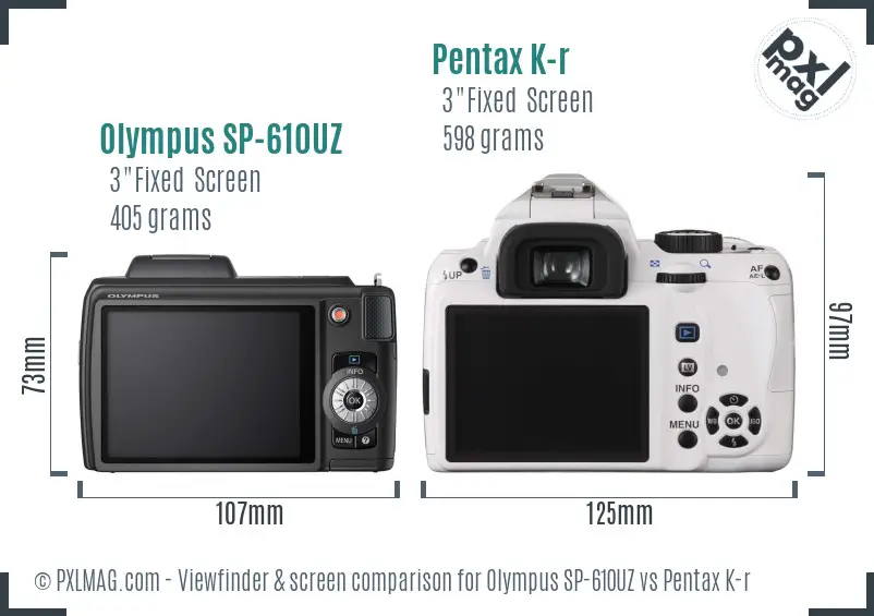 Olympus SP-610UZ vs Pentax K-r Screen and Viewfinder comparison