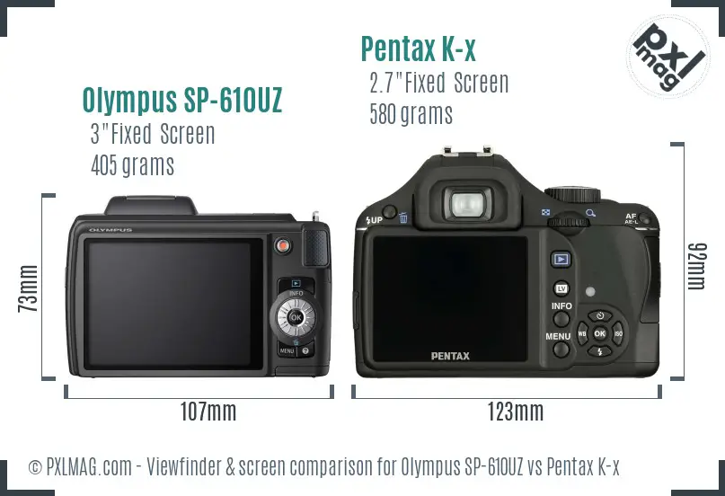 Olympus SP-610UZ vs Pentax K-x Screen and Viewfinder comparison