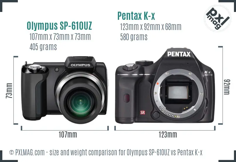 Olympus SP-610UZ vs Pentax K-x size comparison