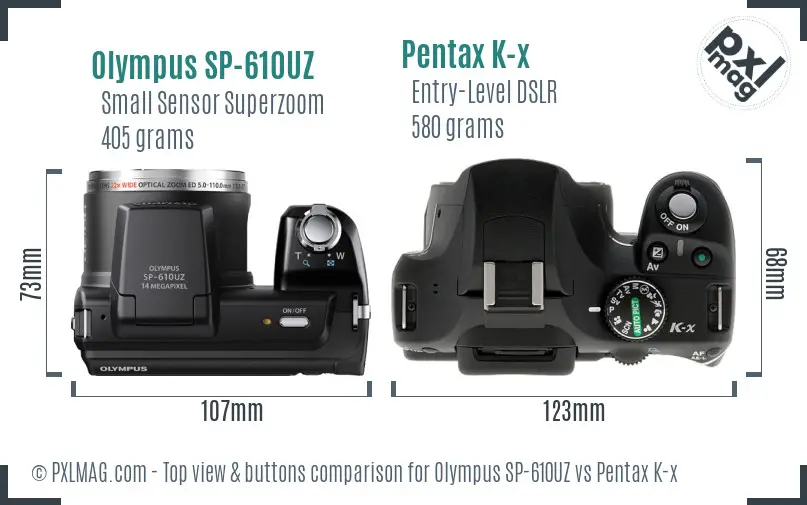 Olympus SP-610UZ vs Pentax K-x top view buttons comparison