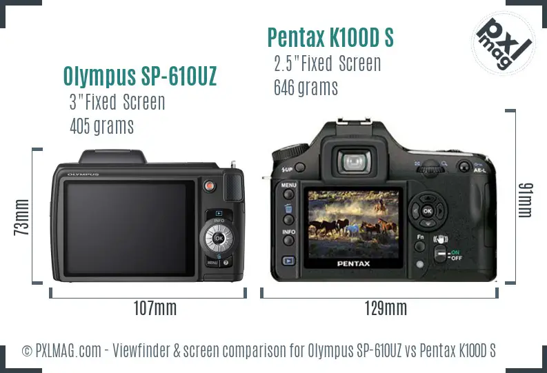 Olympus SP-610UZ vs Pentax K100D S Screen and Viewfinder comparison