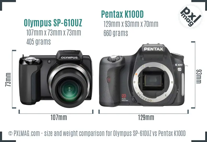 Olympus SP-610UZ vs Pentax K100D size comparison