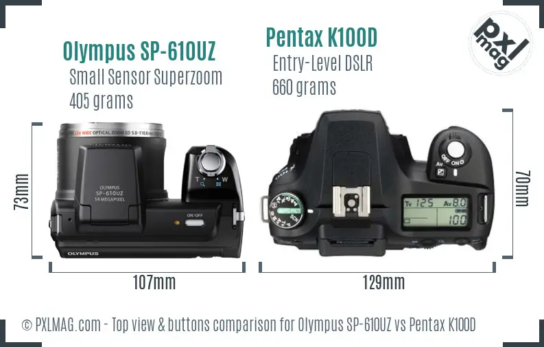 Olympus SP-610UZ vs Pentax K100D top view buttons comparison