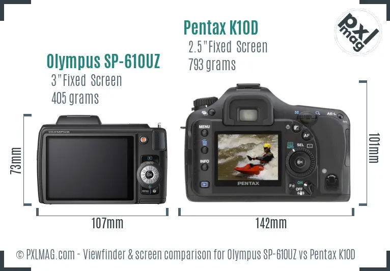 Olympus SP-610UZ vs Pentax K10D Screen and Viewfinder comparison